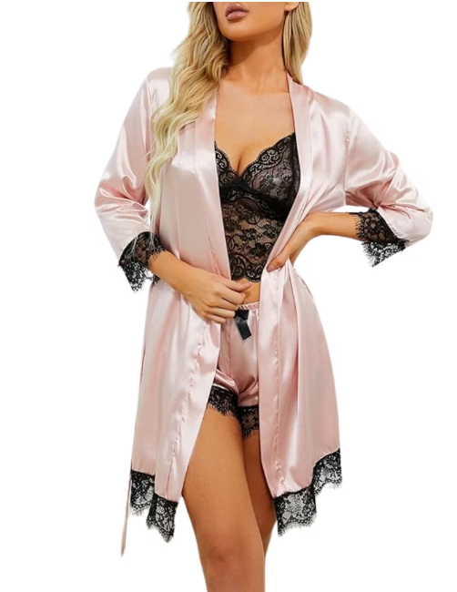 Set pijama dama din 3 piese , satin + dantela