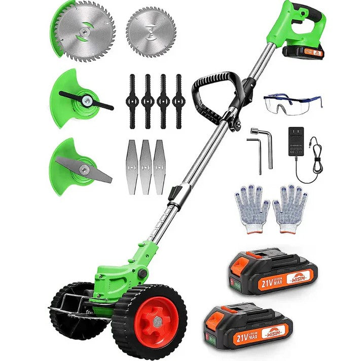 Motocoasa electrica cu roti CU 2 BATERII + SET DISCURI + MANUSI + OCHELARI CADOU