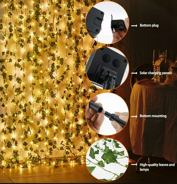 Ghirlanda solara decorativa 12 m 100 LED model frunze verzi. PANOU SOLAR