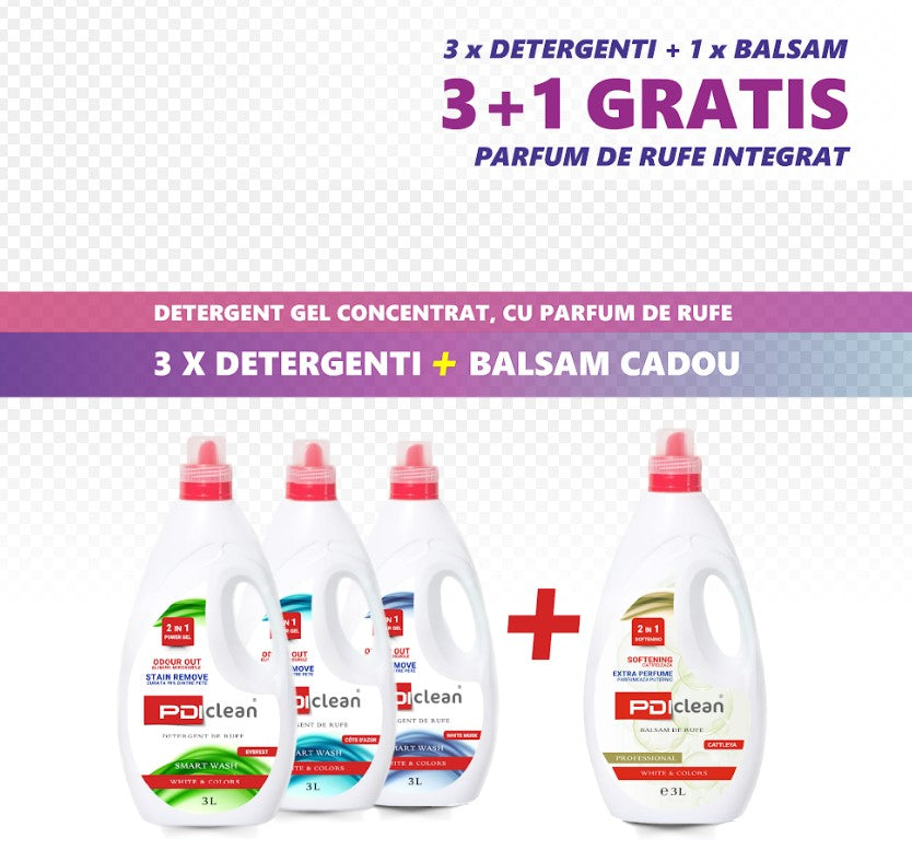 Set 9 litri detergent gel concentrat cu parfum de rufe integrat + Balsam CADOU