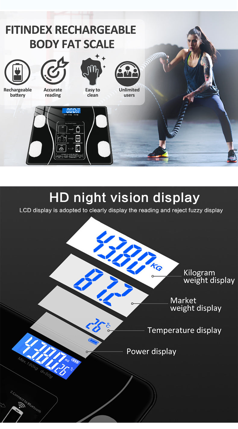 Cantar Bluetooth cu analiza corporala, display LED, sticla