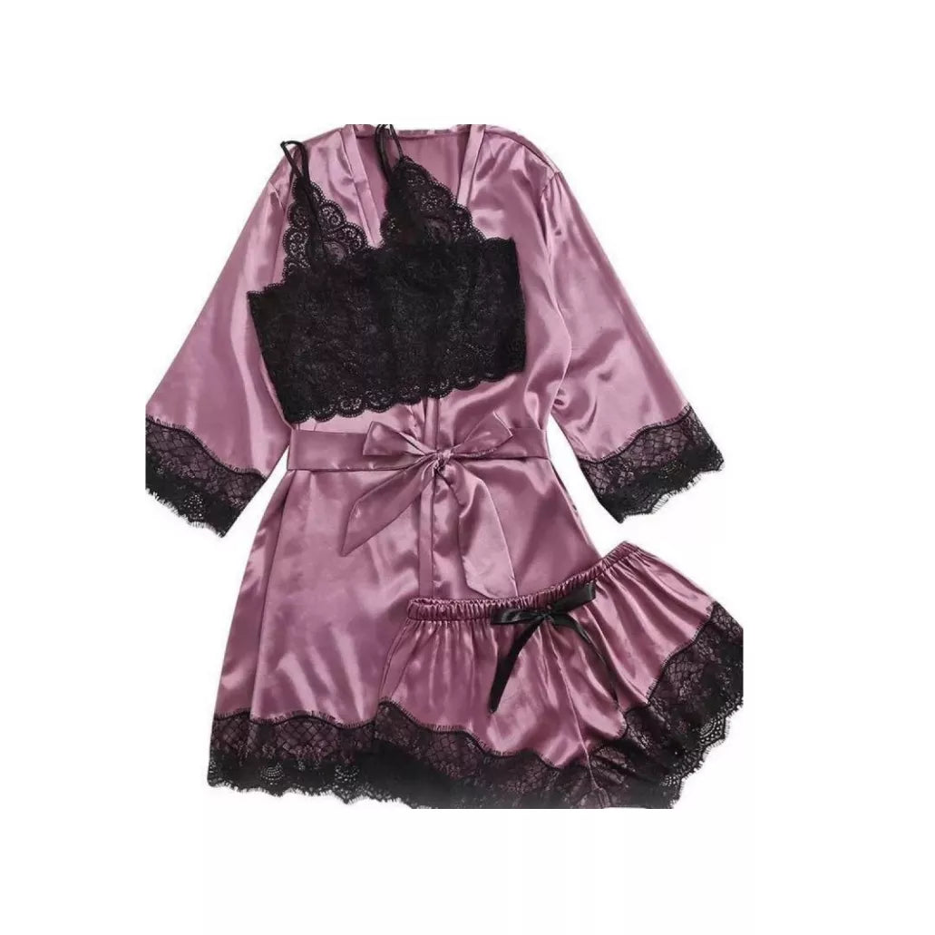Set pijama dama din 3 piese , satin + dantela