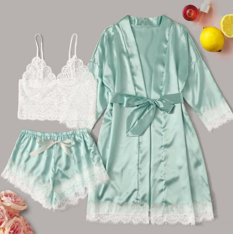 Set pijama dama din 3 piese , satin + dantela