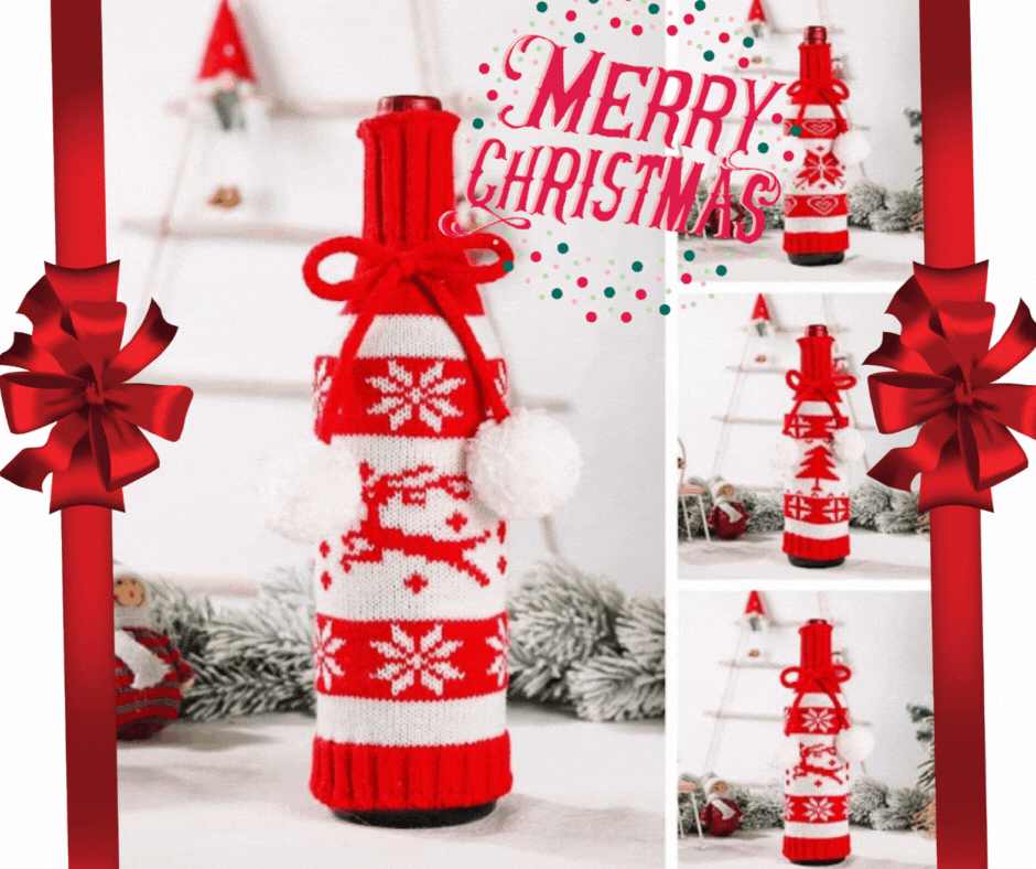 Set 2 huse festive pentru sticla de vin, decoratiune de Craciun