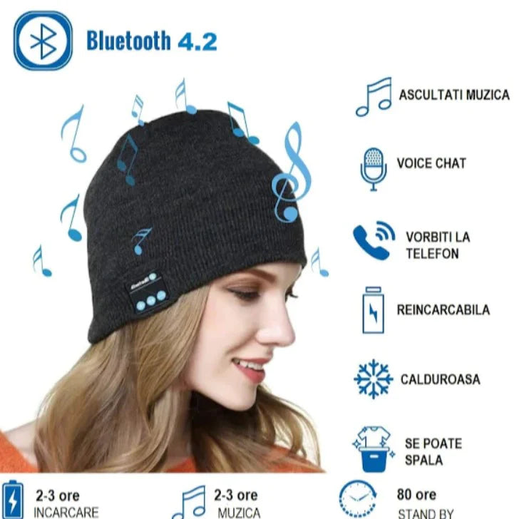 Caciula cu bluetooth. Handsfree si Microfon, Unisex, Negru