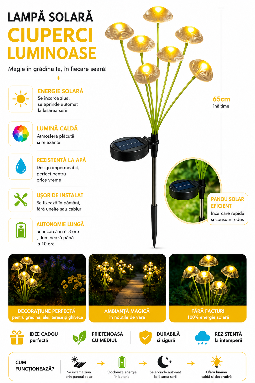 Set 2 x Lampi solare LED 12 ciupercute, pentru gradina , Multicolor sau Alb Cald