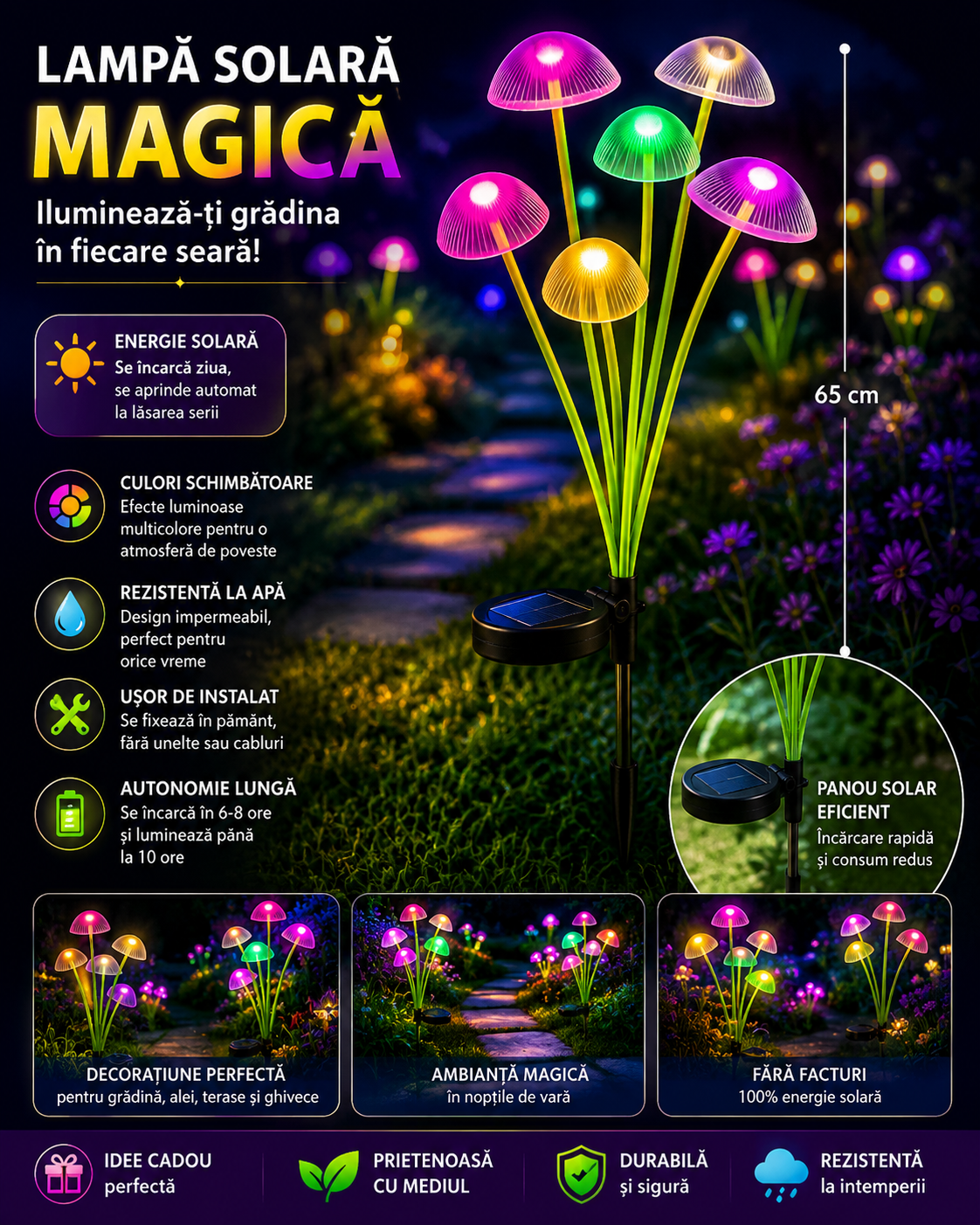 Set 2 x Lampi solare LED 12 ciupercute, pentru gradina , Multicolor sau Alb Cald