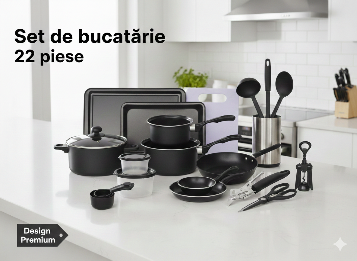 Set Bucătărie 22 Piese – Oale, Tigăi, Wok, Tăvi + Ustensile & Accesorii