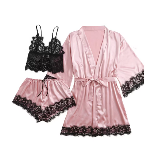 Set pijama dama din 3 piese , satin + dantela