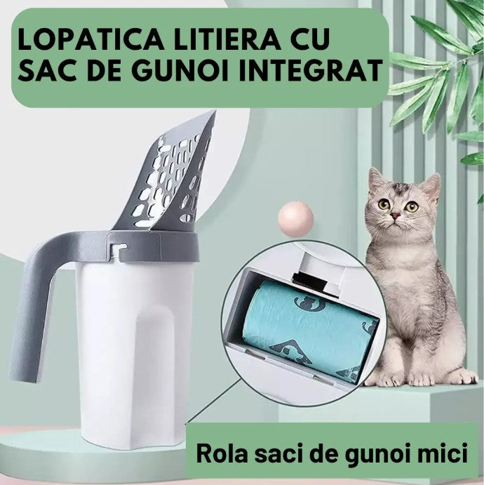 Lopatica litiera pisici cu sac gunoi integrat detașabil + 1 rola saci gunoi