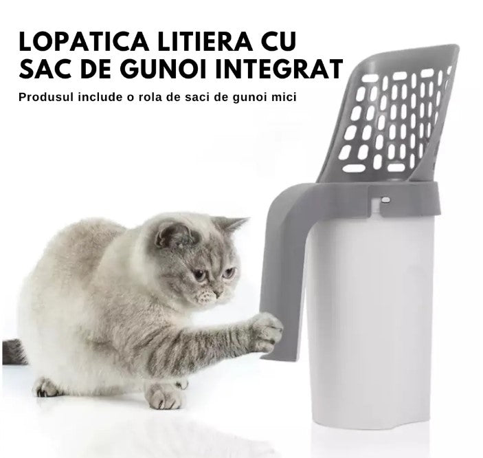 Lopatica litiera pisici cu sac gunoi integrat detașabil + 1 rola saci gunoi