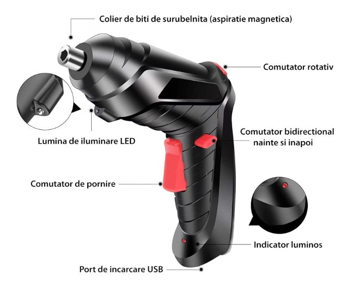 Set surubelnita electrica fara fir, 47 accesorii, Baterie reincarcabila cu litiu de 3.6V