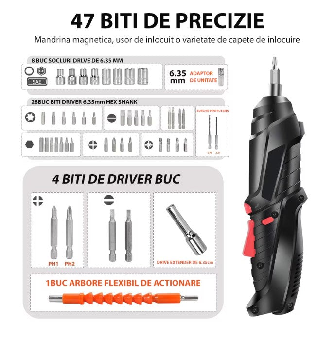 Set surubelnita electrica fara fir, 47 accesorii, Baterie reincarcabila cu litiu de 3.6V