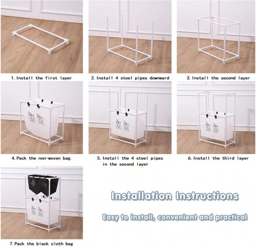 Cos Depozitare Haine Murdare,  pentru Baie, cu 2 Etaje, 4 Cosuri, Cadru de Otel Inoxidabil, 97 x 44 x 57 cm