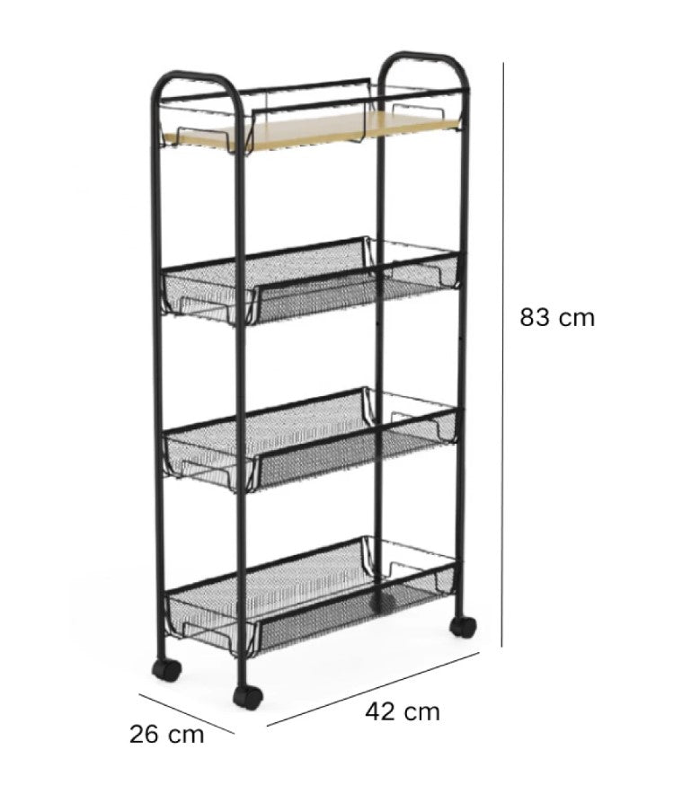 Suport slim metalic cu 4 nivele, 1 polita din MDF, rotativ 360°, 42 (L) x 26 (l) x 83 (H) c, negru