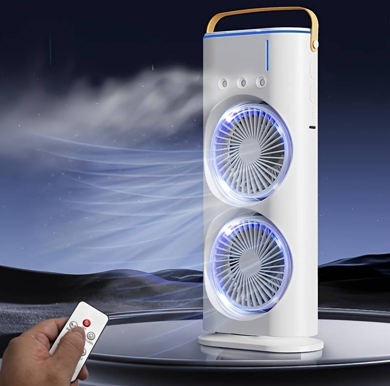Ventilator Portabil Dublu Cu Umidificare Prin Pulverizare Si Telecomanda