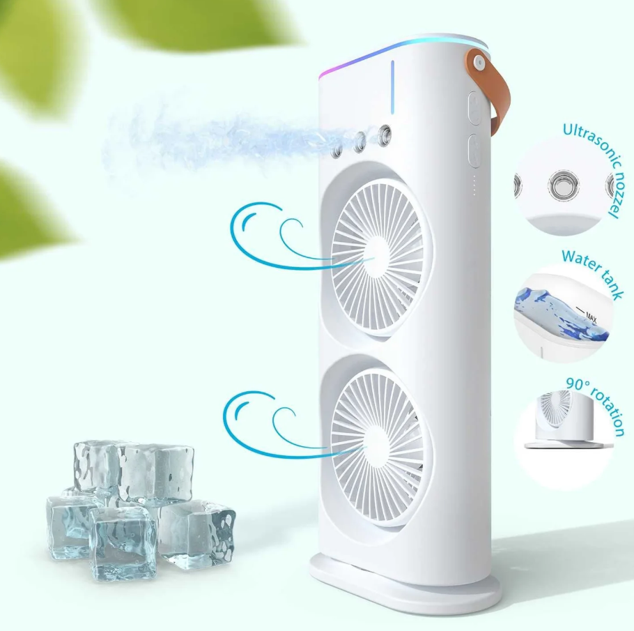 Ventilator Portabil Dublu Cu Umidificare Prin Pulverizare Si Telecomanda