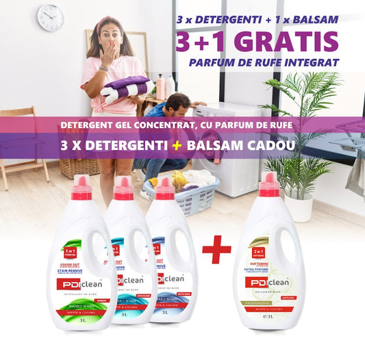 Set 9 litri detergent gel concentrat cu parfum de rufe integrat + Balsam CADOU