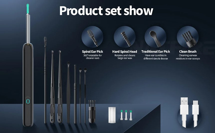 Dispozitiv curatare urechi, LED, 1080P, Cu accesorii, Compatibil cu Android/iOS, Negru sau Alb