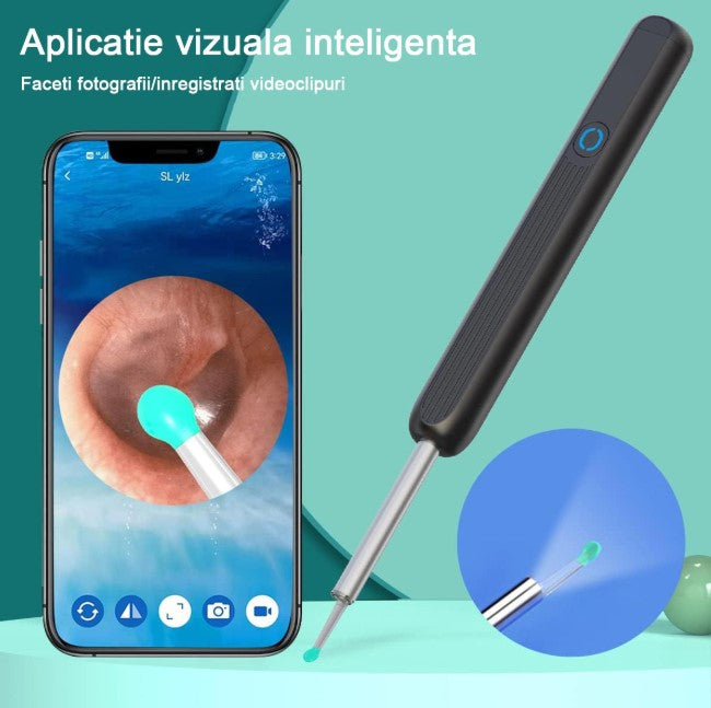 Dispozitiv curatare urechi, LED, 1080P, Cu accesorii, Compatibil cu Android/iOS, Negru sau Alb