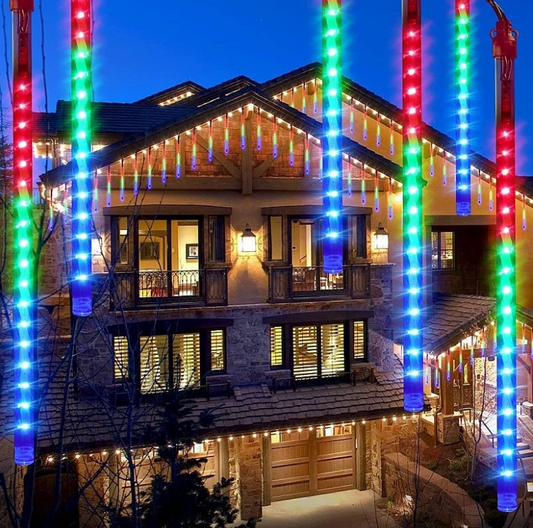 Instalatie 8 turturi meteori, 288 LED-uri multicolore, tuburi 45 cm, decor Craciun interior/exterior, lungime 2.3 m