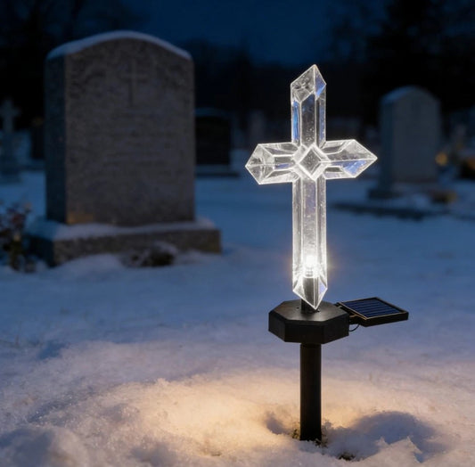 1 + 1 CADOU! Cruce Solară LED pentru Mormânt – Lampă Decorativă Cimitir, Rezistentă la Intemperii
