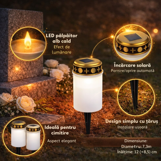 Set candele solare, efect lumanare,0.1W, cu tarus, PP