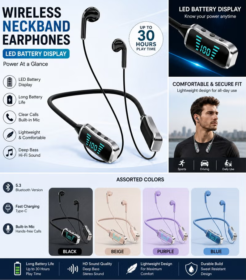 Căști Bluetooth Wireless KL50 cu Bandă pentru Gât – Afișaj LED pentru Baterie