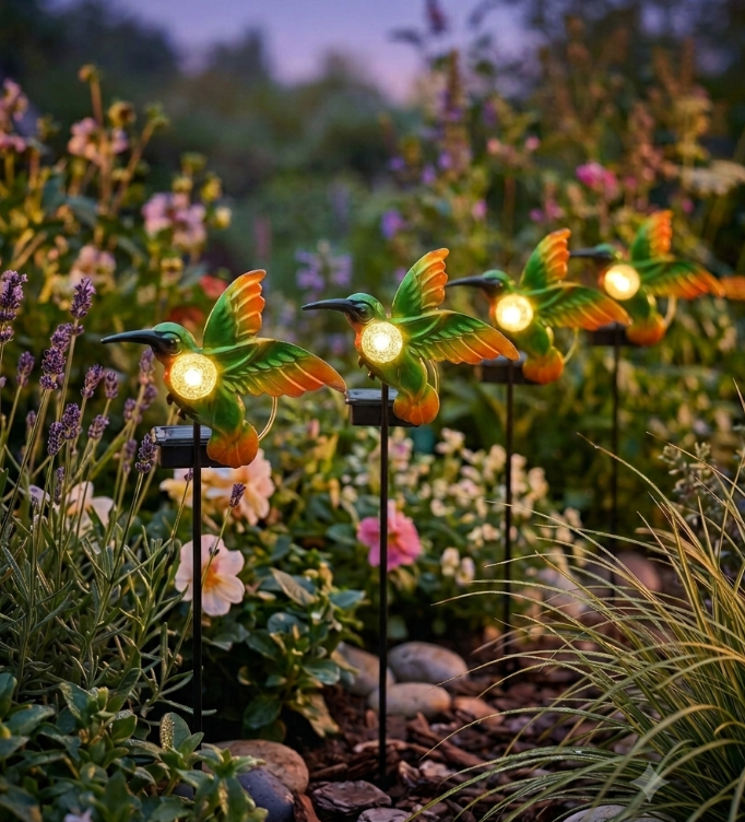 Set Lămpi Solare de Grădină din Metal LED, Modele 3D Fluturi, Colibri sau Albinuțe
