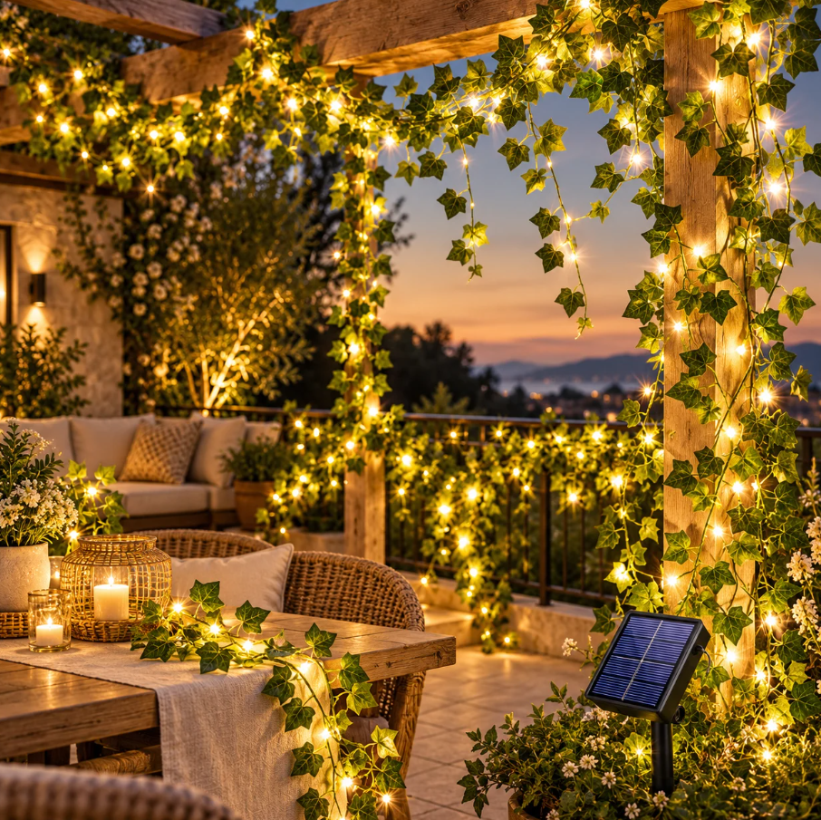 Ghirlanda solara decorativa 12 m 100 LED model frunze verzi. PANOU SOLAR