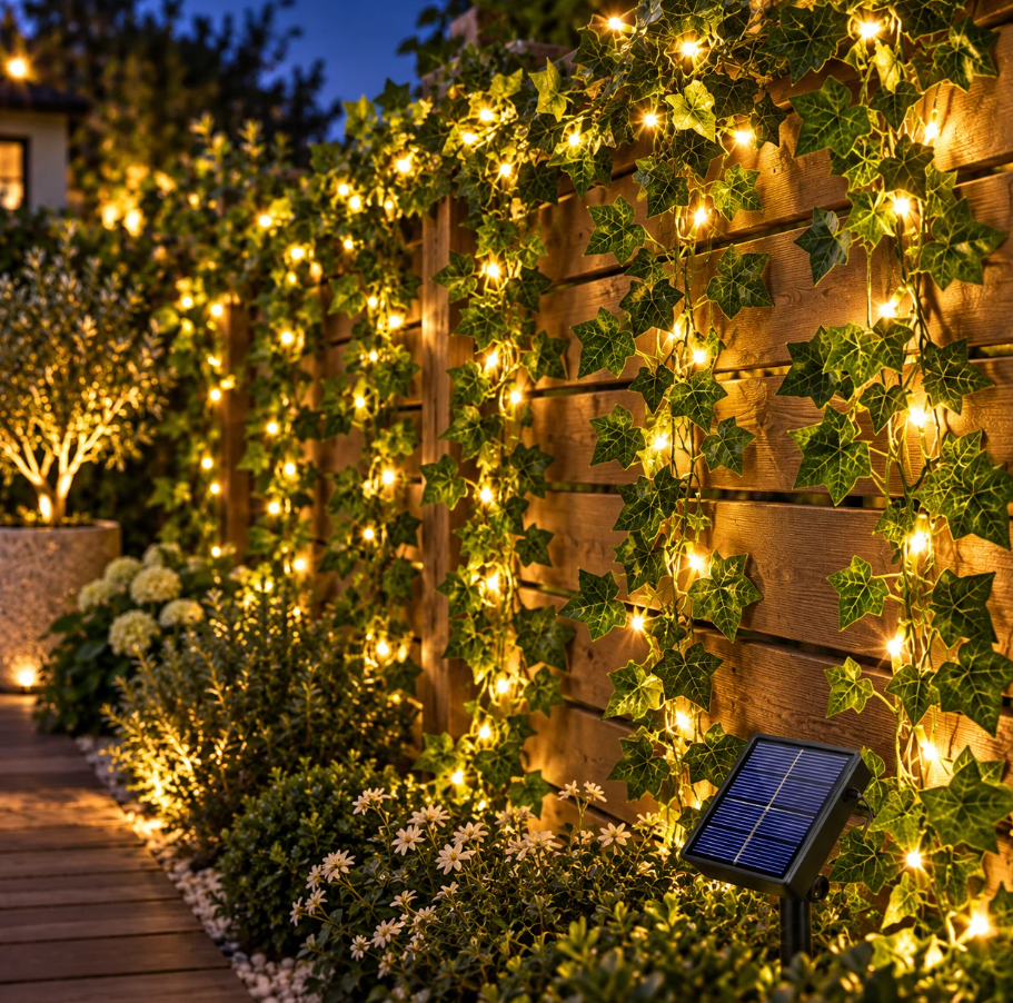 Ghirlanda solara decorativa 12 m 100 LED model frunze verzi. PANOU SOLAR
