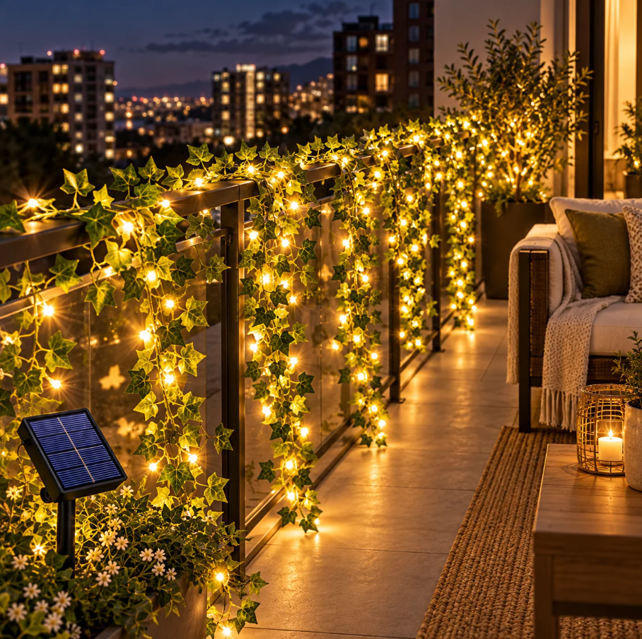 Ghirlanda solara decorativa 12 m 100 LED model frunze verzi. PANOU SOLAR