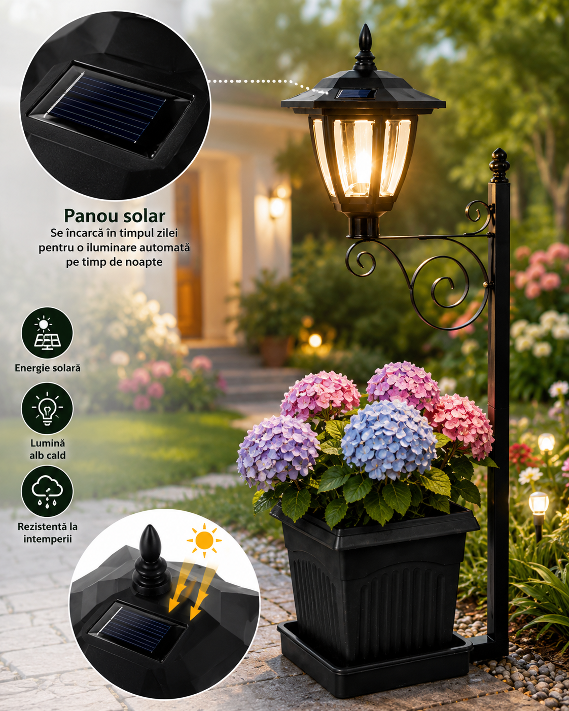Lampă solară decorativă cu ghiveci integrat – lumină alb caldă