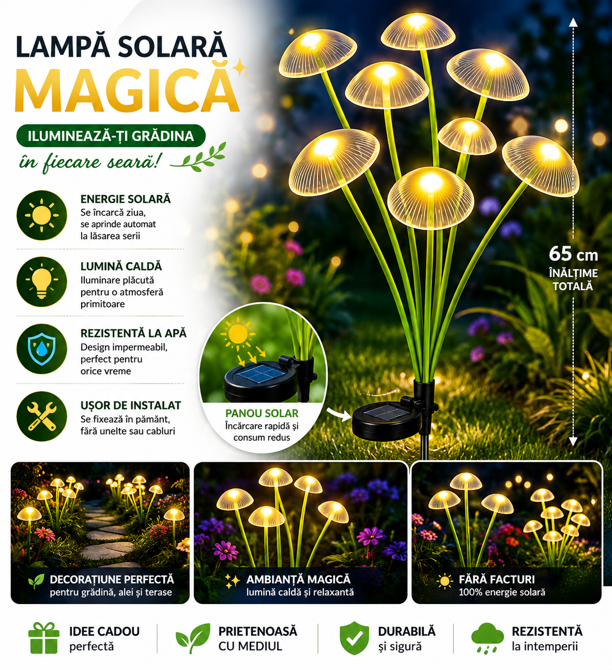 Set 2 x Lampi solare LED 12 ciupercute, pentru gradina , Multicolor sau Alb Cald
