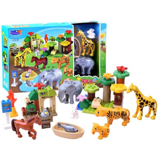 Set de construit cu 51 piese si 8 figurine, Gradina Zoologica