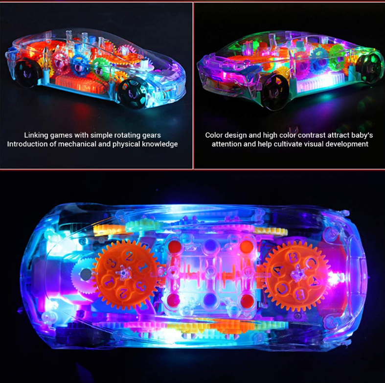 Masinuta transparenta pentru copii, iluminata LED, cu mecanismele la vedere