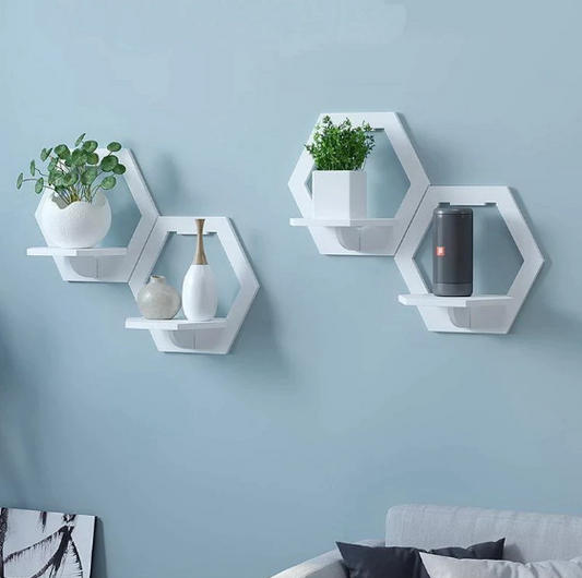 SET 2X Raft alb de perete , model hexagon