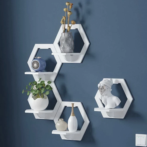 SET 2X Raft alb de perete , model hexagon